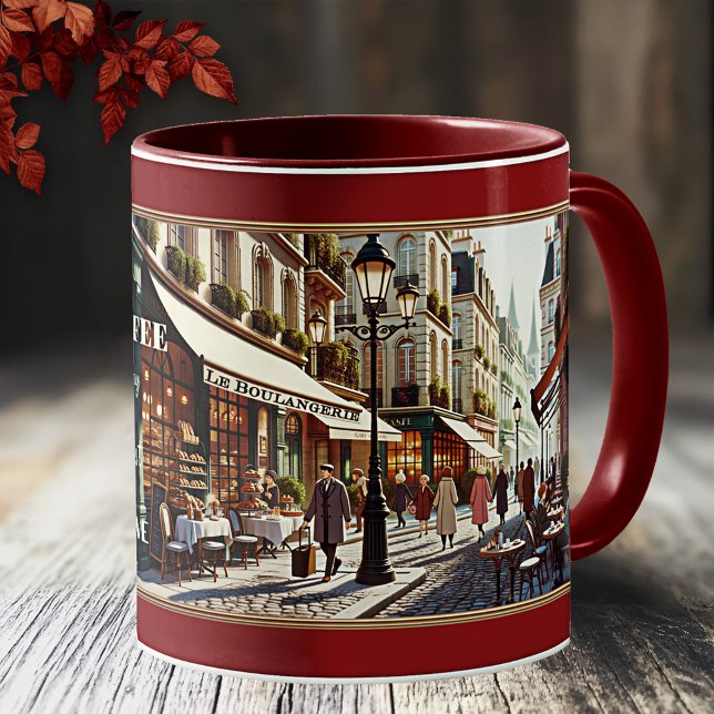Coffee Love French Retro Bakery Paris Coffee Mug (Mug featuring a French city scene in retro style with coffee shops and bakeries)