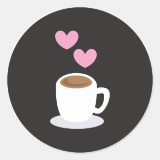 Coffee love hearts on black classic round sticker