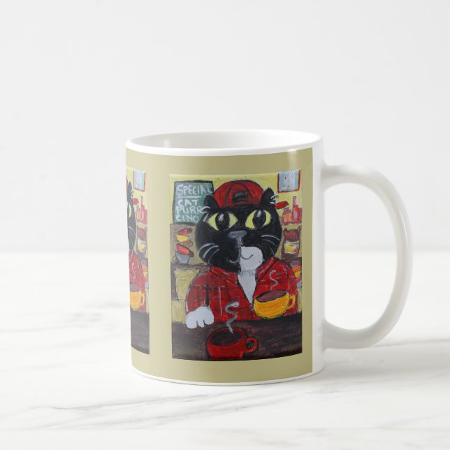 Coffee Lover Barista Cat Folk Art Coffee Mug (Right)