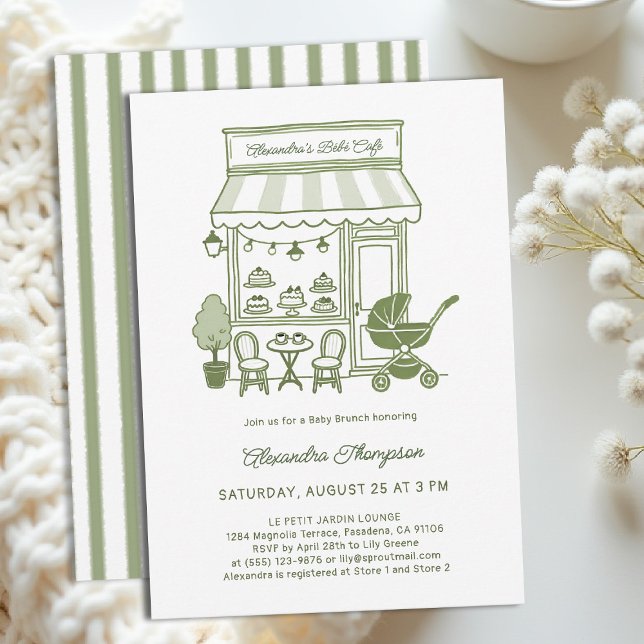Coffee Lover Bebe Brewing Brunch Green Baby Shower Invitation (baby shower brunch invitation coffee theme brewing olive green bistro hand drawn modern chic)