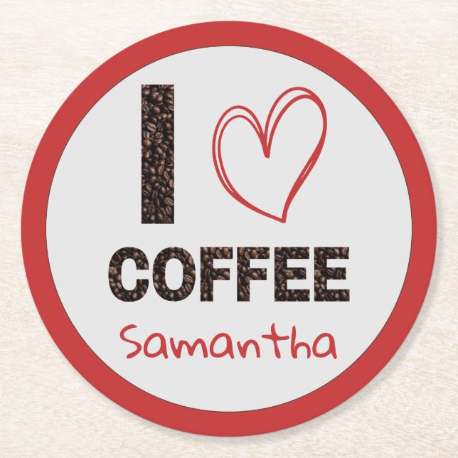 Coffee Lover Custom Name Coffee Bean Design Round Paper Coaster (Front)