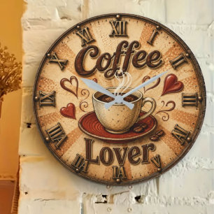 Coffee Lover Rustic Farmhouse Coffee Cup Large Clock