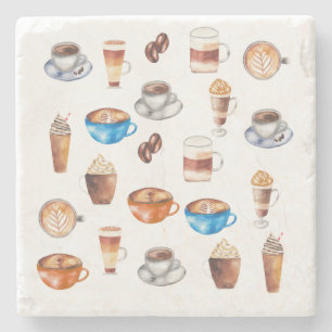Coffee Lover Watercolor Latte Espresso Beans Stone Coaster