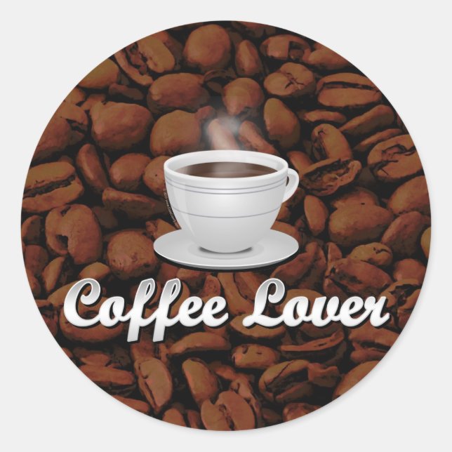 Coffee Lover, White Cup/Brown Beans Classic Round Sticker (Front)