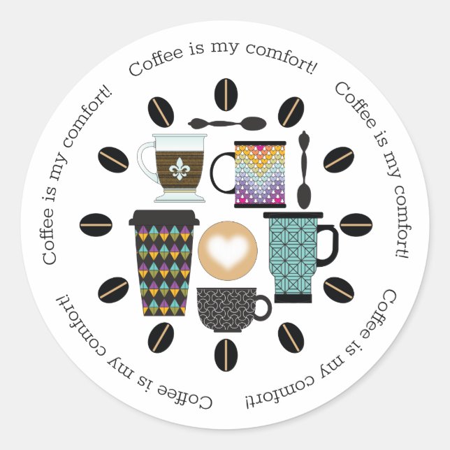 Coffee Lovers Mugs, Cups & Beans Pattern Classic Round Sticker (Front)