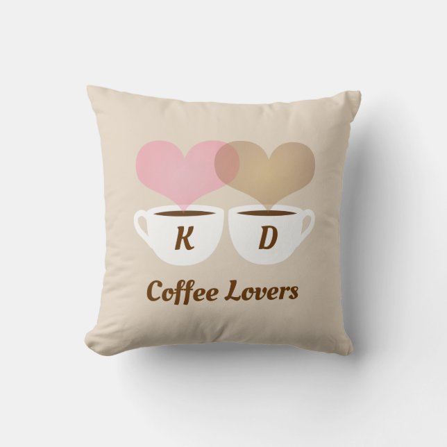 Coffee Lovers Pink Brown Custom Monogram Initials Cushion (Front)