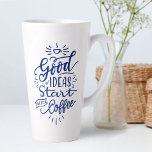 Coffee Lovers Quote Blue Calligraphy Tall White Latte Mug<br><div class="desc">Tall white latte mugs with coffee lovers quote in blue calligraphy. Inspirational and positive coffee quote which reads "good ideas start with coffee". If coffee gets your creative juices flowing, this is the mug for your desk. The coffee saying is written in gorgeous hand lettering with hidden hearts in deep...</div>