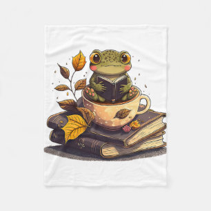 Coffee-Loving Frog Reading Books  Fleece Blanket
