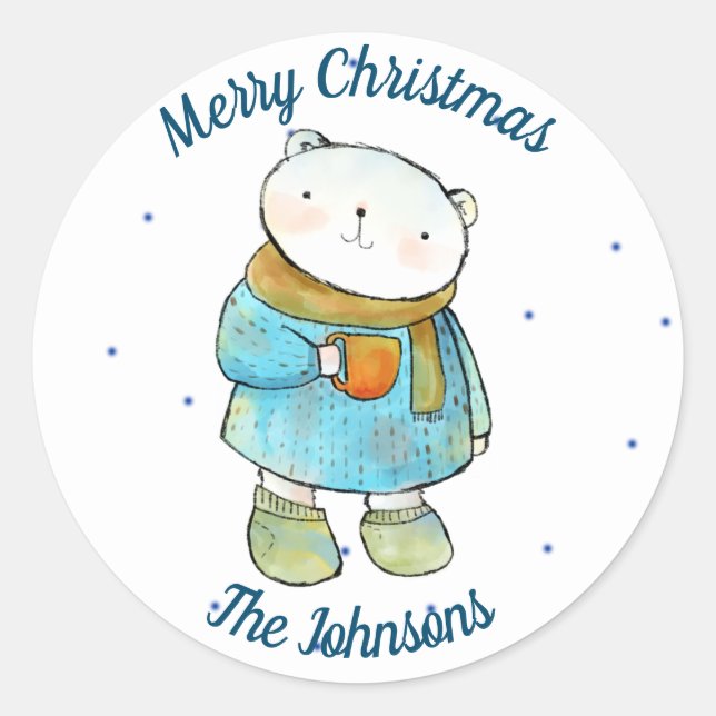 Coffee Loving Polar Bear Classic Round Sticker (Front)