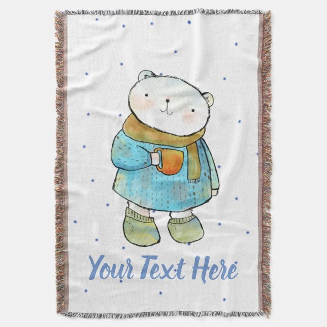 Coffee Loving Polar Bear Custom Throw Blanket (Front Vertical)