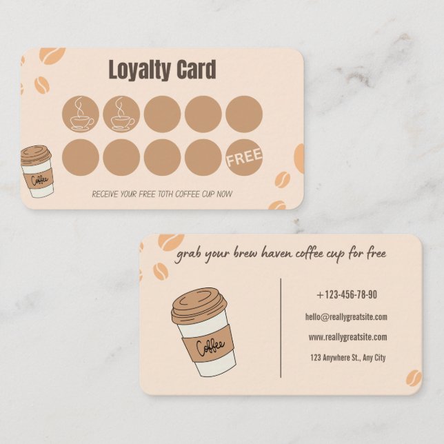 Coffee Loyalty Card Beige Boho Stamp Reward (Front/Back)
