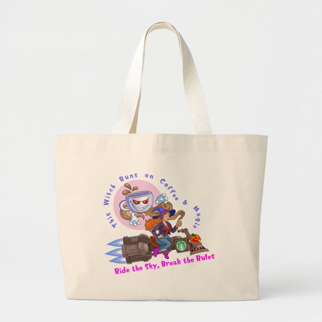 Coffee & Magic Witch Rider Large Tote Bag (Front)