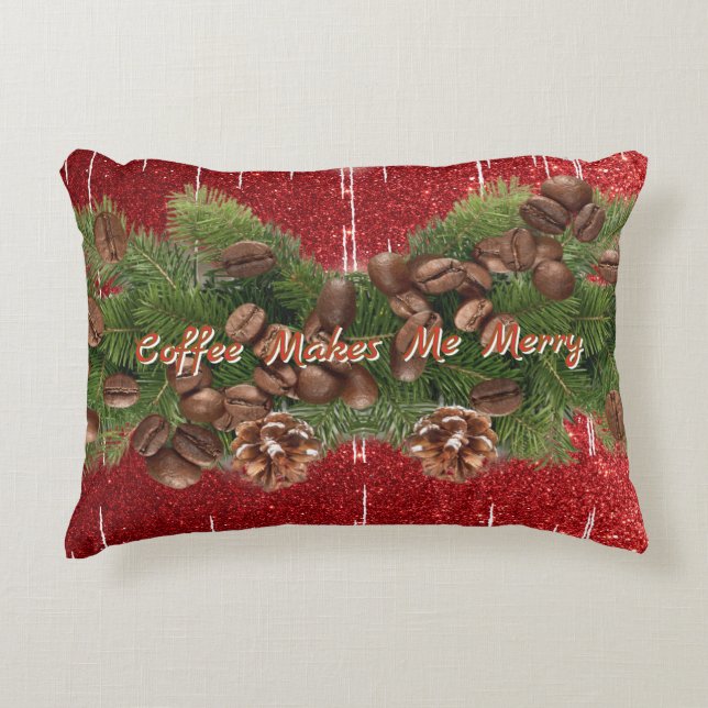 Coffee Makes Me Merry Bean Text Red Silver Glitter Decorative Cushion (Front)