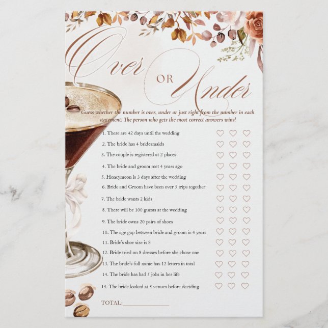 Coffee Martini Over or Under Bridal Shower Game (Front)