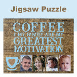 Coffee motivation 4 photo brown blue jigsaw puzzle<br><div class="desc">Start your day with joy and connection with this customisable 4-photo jigsaw puzzle! Featuring the heartfelt phrase "Coffee and my family are my greatest motivation, " this puzzle is perfect for coffee lovers and family enthusiasts alike. Personalise it with your favourite photos to make it uniquely yours—a perfect mix of...</div>