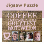 Coffee motivation 4 photo brown pink jigsaw puzzle<br><div class="desc">Start your day with joy and connection with this customisable 4-photo jigsaw puzzle! Featuring the heartfelt phrase "Coffee and my family are my greatest motivation, " this puzzle is perfect for coffee lovers and family enthusiasts alike. Personalise it with your favourite photos to make it uniquely yours—a perfect mix of...</div>