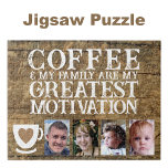 Coffee motivation 4 photo brown white jigsaw puzzle<br><div class="desc">Start your day with joy and connection with this customisable 4-photo jigsaw puzzle! Featuring the heartfelt phrase "Coffee and my family are my greatest motivation, " this puzzle is perfect for coffee lovers and family enthusiasts alike. Personalise it with your favourite photos to make it uniquely yours—a perfect mix of...</div>