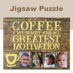 Coffee motivation 4 photo brown yellow jigsaw puzzle<br><div class="desc">Start your day with joy and connection with this customisable 4-photo jigsaw puzzle! Featuring the heartfelt phrase "Coffee and my family are my greatest motivation, " this puzzle is perfect for coffee lovers and family enthusiasts alike. Personalise it with your favourite photos to make it uniquely yours—a perfect mix of...</div>