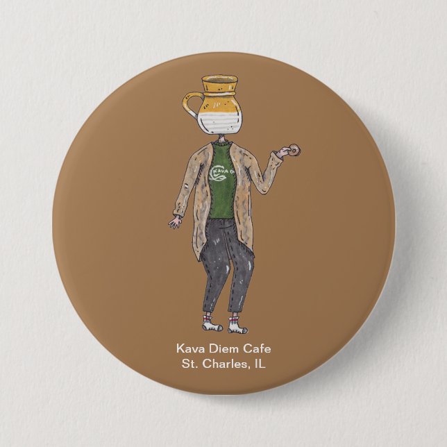 Coffee Mug Button Pin Character 1 - Kava Diem Cafe (Front)