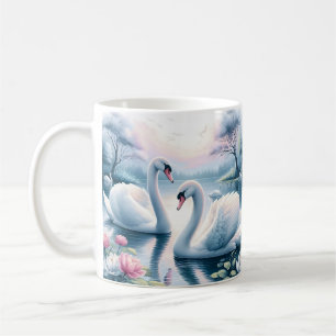 Coffee Mug - Swans in a Tranquil Lily Pond