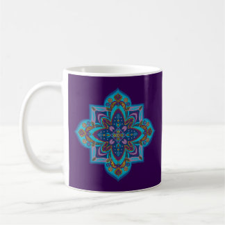 Coffee mug with blue mandala, purple background