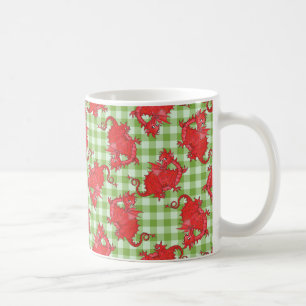 Coffee Mug with Cute Red Dragon on Green Gingham