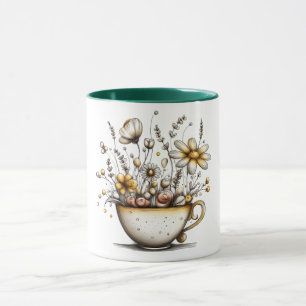 Coffee mug with design of flowers growing in cup