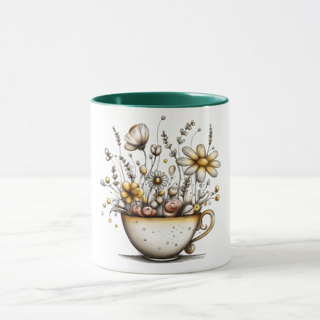 Coffee mug with design of flowers growing in cup (Center)