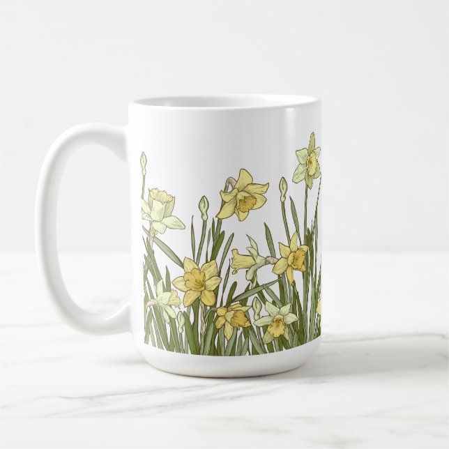 Coffee mug with floral border of yellow daffodils  (Left)