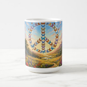 Coffee mug with peace sign drawn with butterflies
