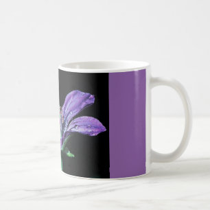 coffee mug with purple flower.