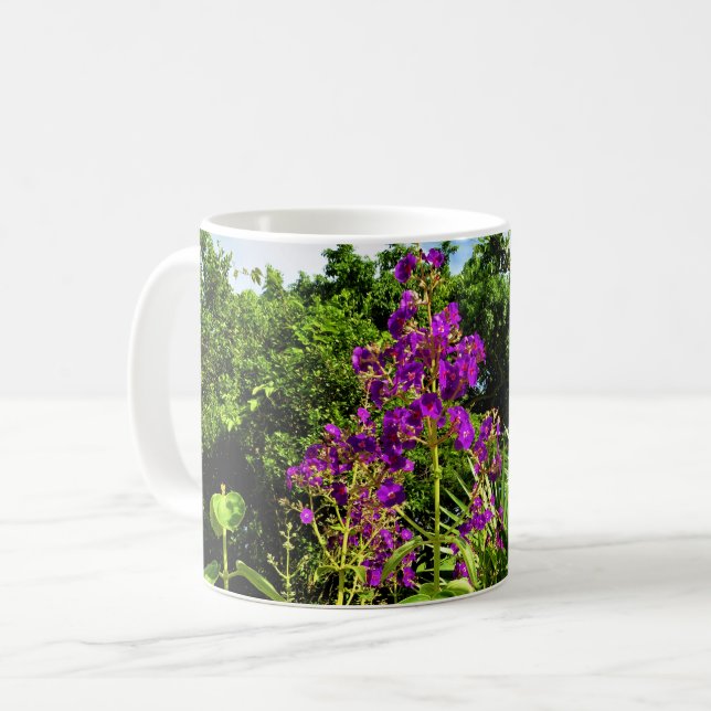 Coffee mug with purple flowers (Front Left)