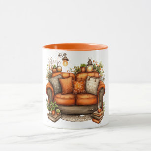 Coffee mug with warm tones of couch and flowers