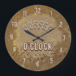 Coffee O'Clock Rustic Kitchen Large Clock<br><div class="desc">This rustic Coffee O'Clock wall clock features a warm coffee-inspired design with a burlap texture and natural coffee stain effects. The background mimics coffee splashes on fabric, creating a cozy and authentic café atmosphere. The soft beige and coffee tones make this clock a perfect addition to kitchen spaces, coffee bars,...</div>
