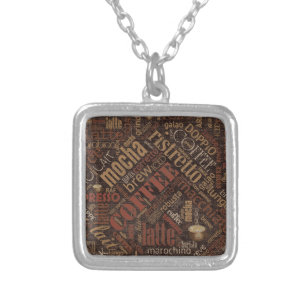 Coffee on Burlap Word Cloud Brown ID283 Silver Plated Necklace