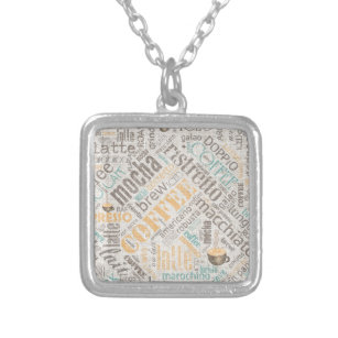 Coffee on Burlap Word Cloud Teal ID283 Silver Plated Necklace