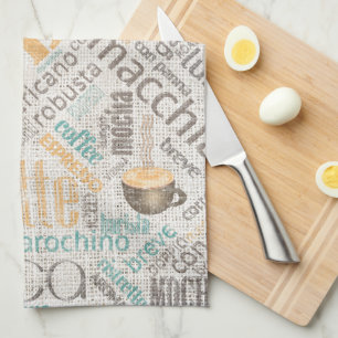 Coffee on Burlap Word Cloud Teal ID283 Tea Towel