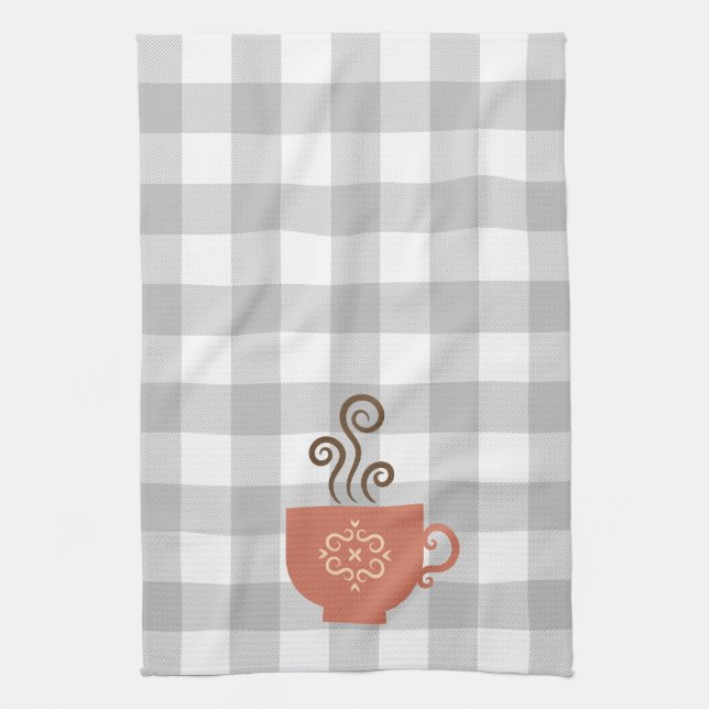 Coffee or Tea Cup on Grey Buffalo Plaid Towel (Vertical)