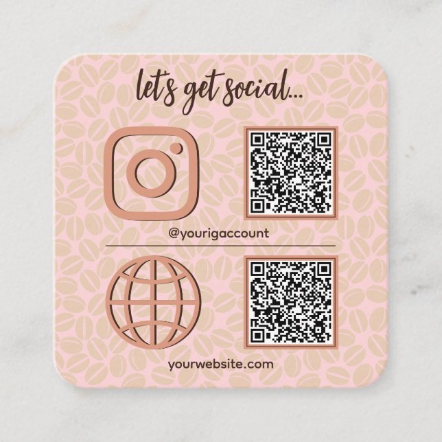 Coffee Pattern Social Media Sign With QR Code Cute Square Business Card (Front)