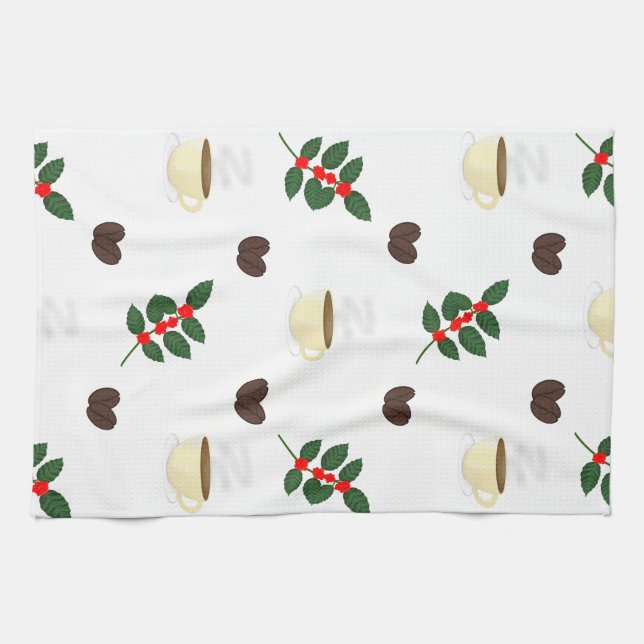 Coffee Pattern with Beans, Cups, and Coffee trees Tea Towel (Horizontal)