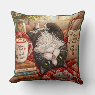 Coffee paws and good vibes ,Cat Throw Pillow