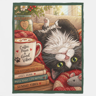 Coffee paws and good vibes ,Cat Throw Pillow Fleece Blanket