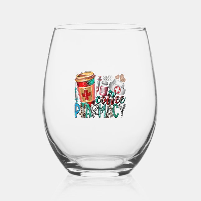 Coffee pharmacy stemless wine glass (Front)