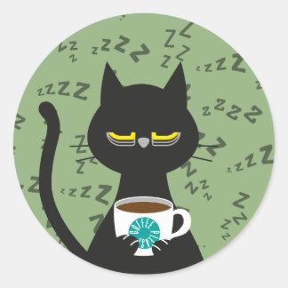 COFFEE PLEASE!  Sleepy Black Cat Sticker 