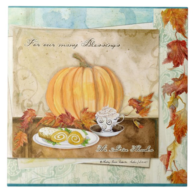 Coffee Pumpkin Autumn Fall Harvest Kitchen Decor Tile (Front)