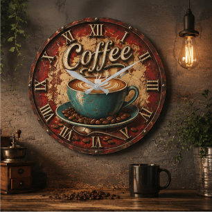 Coffee Rustic Farmhouse Bar Vintage Kitchen Large Clock