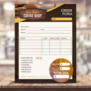 Coffee Shop Cafe Service Order Invoice Form Notepad