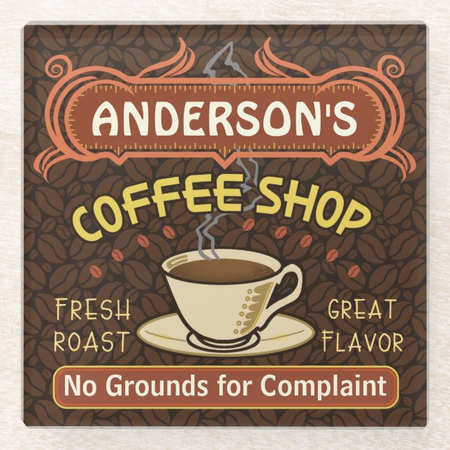 Coffee Shop Custom Name Beans Mug Personalised Glass Coaster (Front)