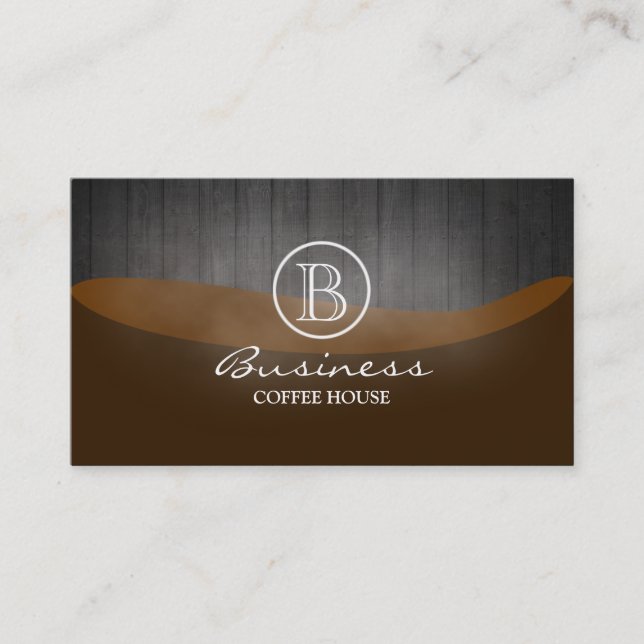 Coffee Shop Elegant Wood Monogram Business Card (Front)