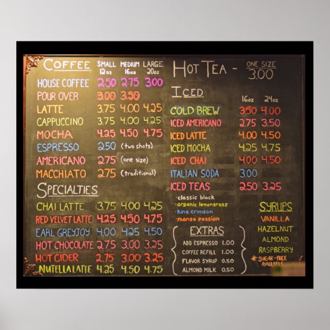 Coffee Shop Menu Board  -  24x20 Inch Poster (Front)